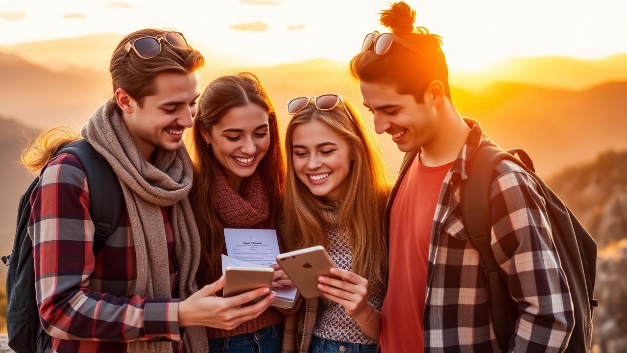 Friends reviewing travel expenses together at sunset